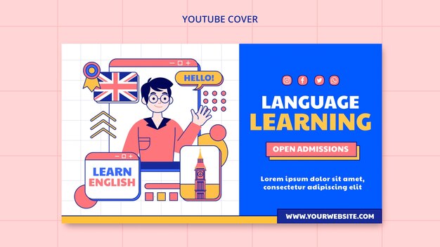Portada de youtube de aprendizaje de idiomas de diseño plano