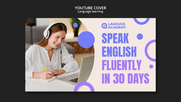 PSD gratuito portada de youtube de aprendizaje de idiomas de diseño plano