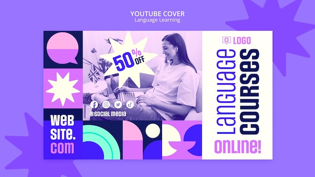 Portada de youtube de aprendizaje de idiomas de diseño plano