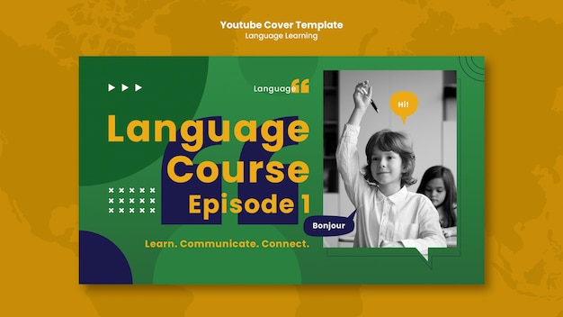 PSD gratuito portada de youtube de aprendizaje de idiomas de diseño plano