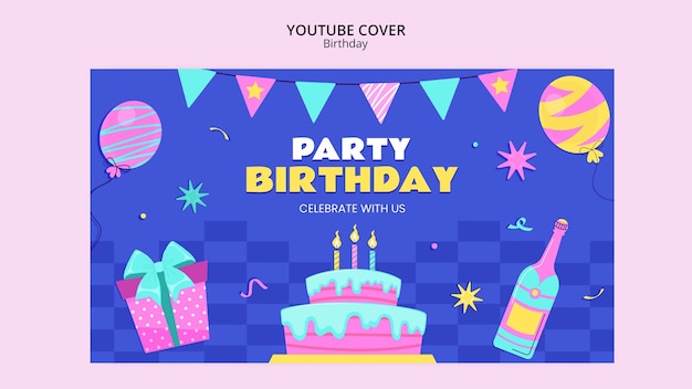 Portada de youtube de celebración de cumpleaños de diseño plano