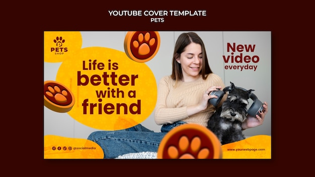 PSD gratuito portada de youtube de cuidado de mascotas degradado