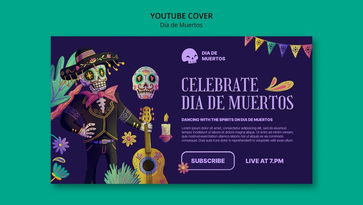 PSD gratuito portada de youtube de dia de muertos dibujada a mano