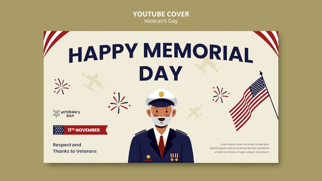 PSD gratuito portada de youtube del día del veterano de diseño plano.