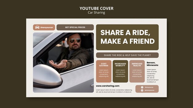 Portada de youtube de diseño plano para compartir coche