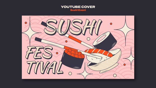 Portada de youtube del evento de sushi dibujado a mano
