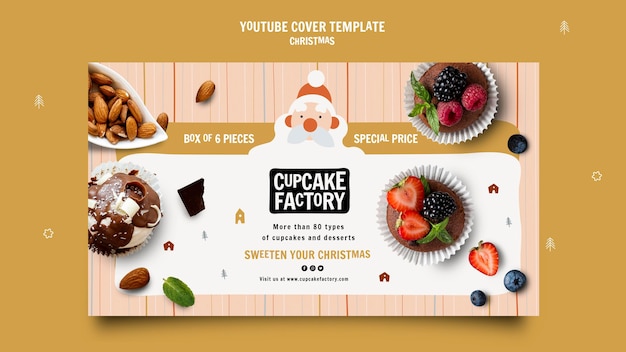 PSD gratuito portada de youtube de la fábrica de cupcakes navideños