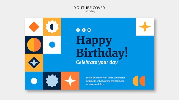 PSD gratuito portada de youtube de fiesta de cumpleaños de diseño plano