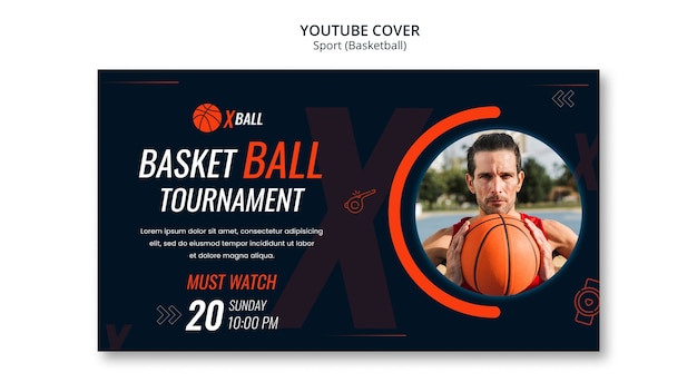 PSD gratuito portada de youtube del juego de baloncesto dibujada a mano