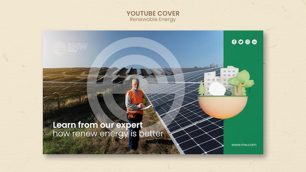 PSD gratuito portada de youtube de solución de energía renovable