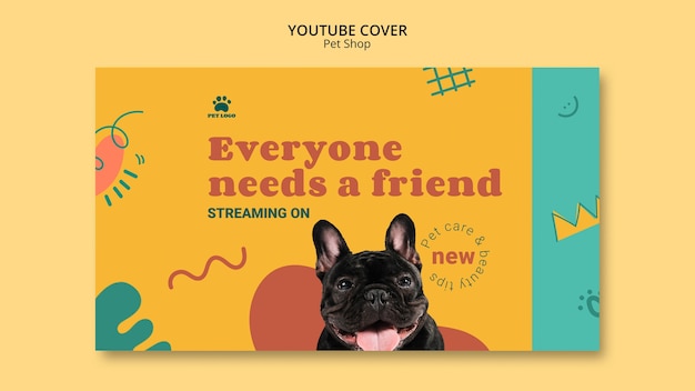 PSD gratuito portada de youtube de tienda de mascotas dibujada a mano