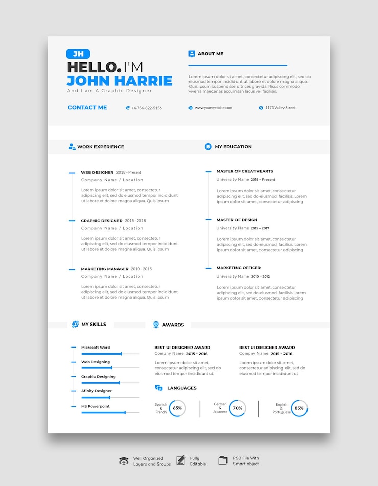 PSD gratuito portfolio di curriculum o modello di cv pulito e moderno