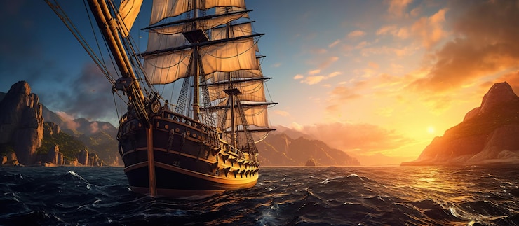 PSD gratuito porto pirata con vista su una vecchia nave a vela ai generativa