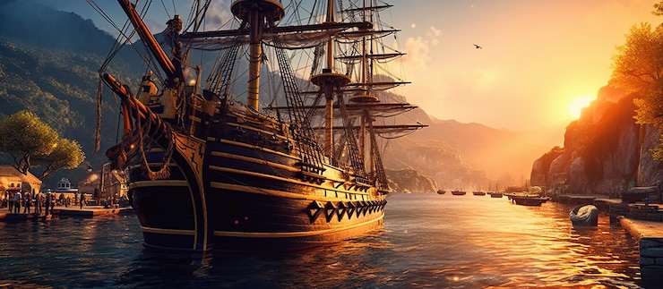 PSD gratuito porto pirata con vista su una vecchia nave a vela ai generativa
