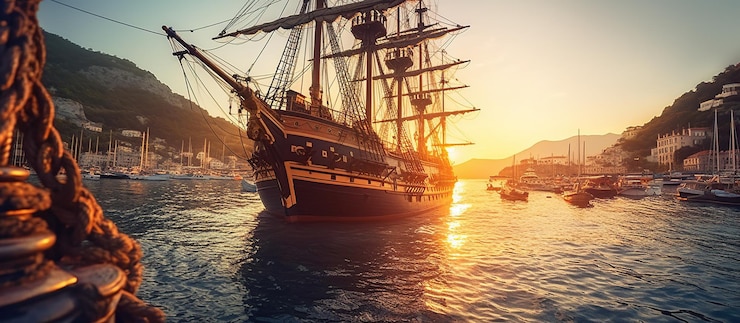 PSD gratuito porto pirata con vista su una vecchia nave a vela ai generativa