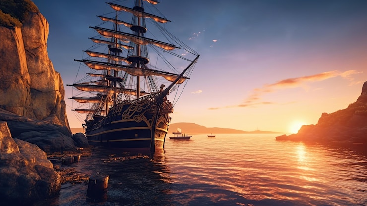 PSD gratuito porto pirata con vista su una vecchia nave a vela ai generativa