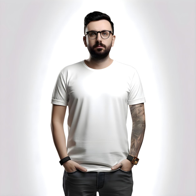 Portret van een baardige hipster in een bril en een wit T-shirt