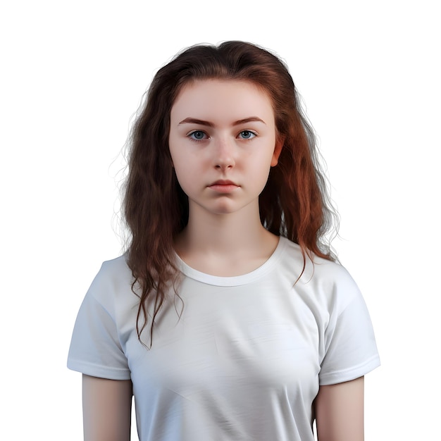 Gratis PSD portret van een jong meisje in een wit t-shirt op een witte achtergrond