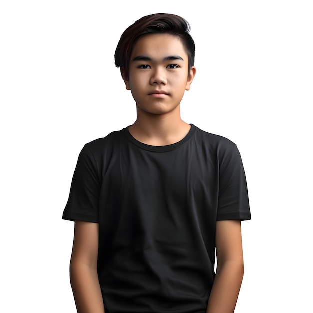 Portret van een jonge aziatische man in zwart t-shirt geïsoleerd op witte achtergrond