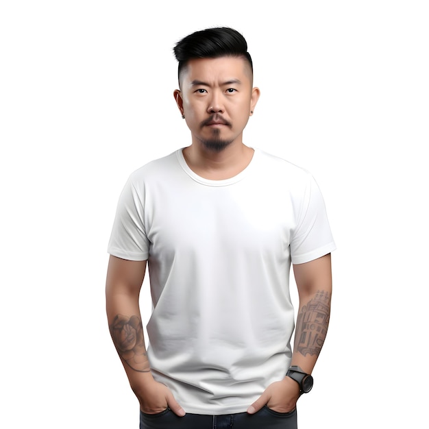 Gratis PSD portret van een knappe aziatische man in een wit t-shirt op een witte achtergrond