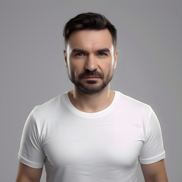 Portret van een knappe jonge man in een wit t-shirt op een grijze achtergrond