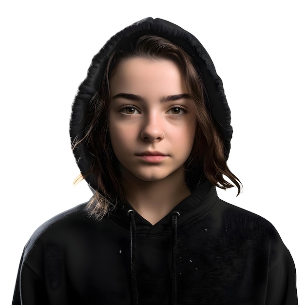 Gratis PSD portret van een meisje in een zwarte capuchon op een witte achtergrond