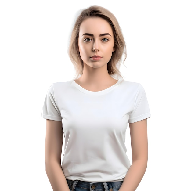 Gratis PSD portret van een mooi meisje in een wit t-shirt op een witte achtergrond