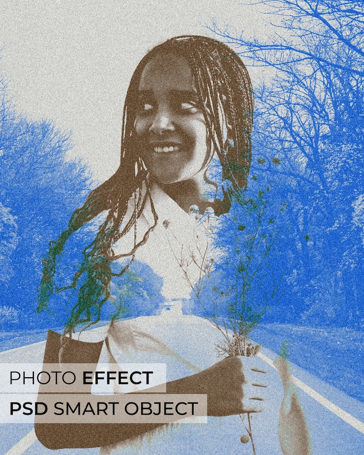 Gratis PSD portret van een persoon met dubbel belichtingseffect en korrel