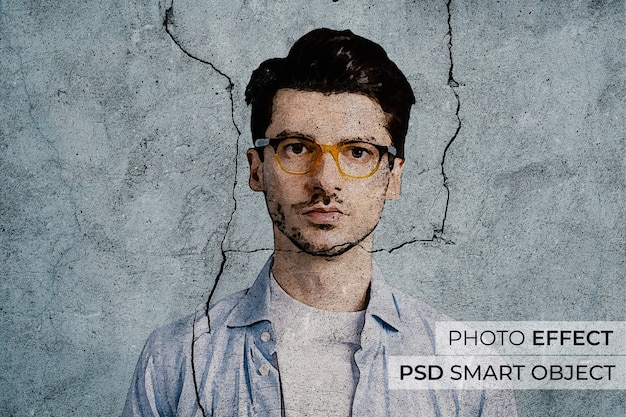 Gratis PSD portret van een persoon met een gebarsten muureffect