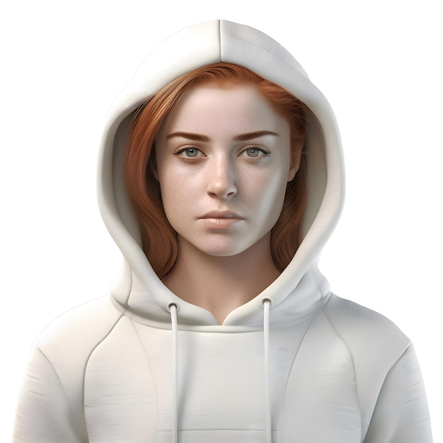 Gratis PSD portret van een roodharig meisje in een witte capuchon 3d rendering