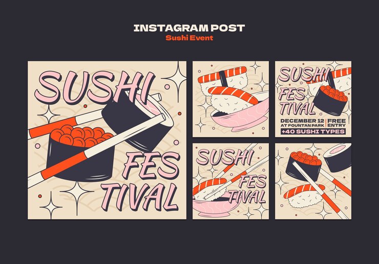 PSD gratuito post di instagram per eventi di sushi disegnati a mano