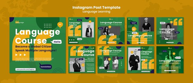 Post di instagram per l'apprendimento delle lingue dal design piatto
