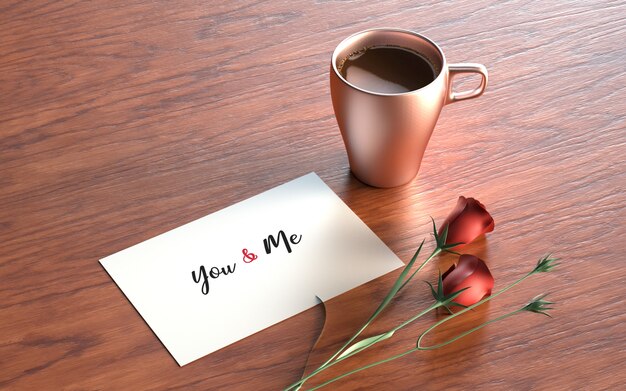 Postal de San Valentín con rosas y taza.