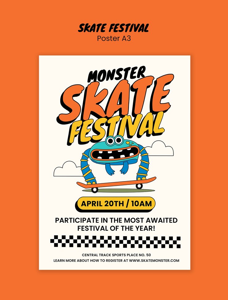 PSD gratuito poster del festival di skate dei mostri