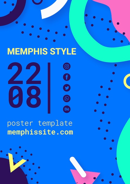 PSD gratuito póster plano azul estilo memphis