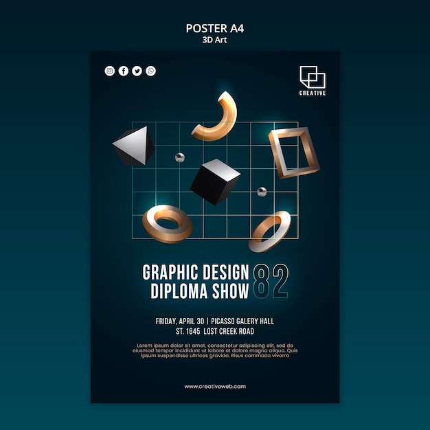 Gratis PSD poster sjabloon voor kunsttentoonstelling met creatieve driedimensionale vormen