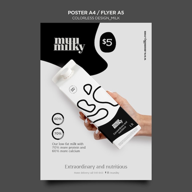 PSD gratuito póster vertical para leche con diseño incoloro