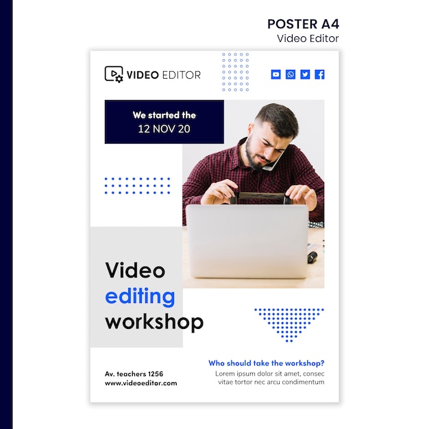 PSD gratuito póster vertical para taller de edición de video