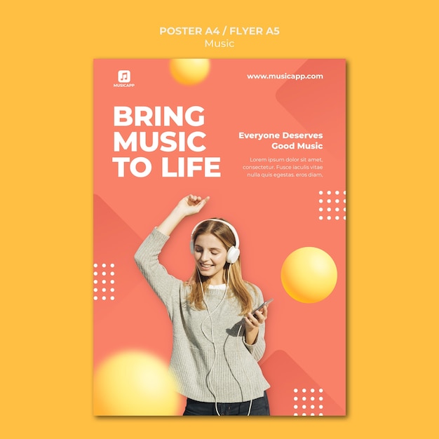 Póster vertical para transmitir música en línea con una mujer que usa audífonos