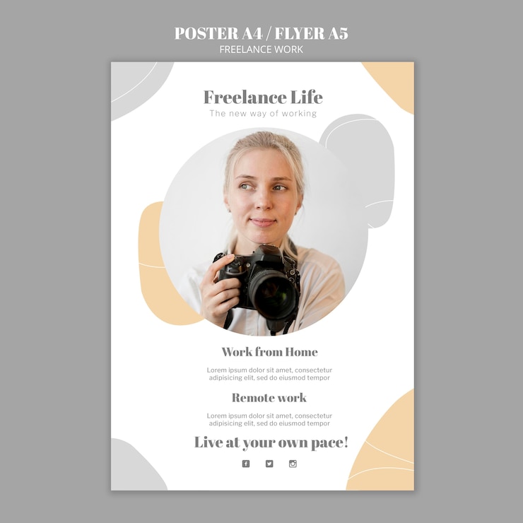 PSD gratuito poster verticale per lavoro freelance con fotografa donna