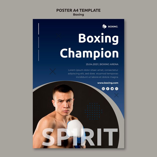 Poster verticale per lo sport di boxe con boxer maschio