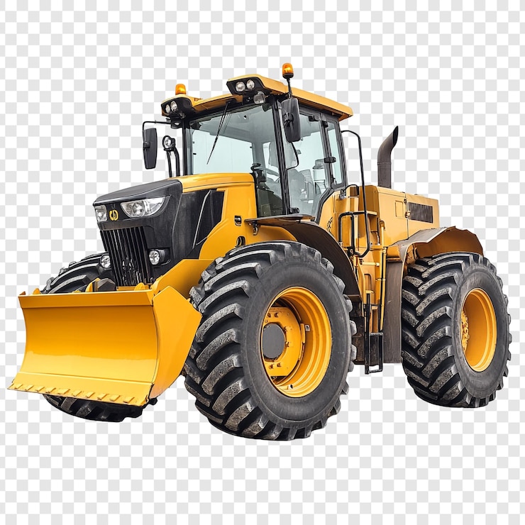 PSD gratuito potente trattore giallo con bulldozer attaccato