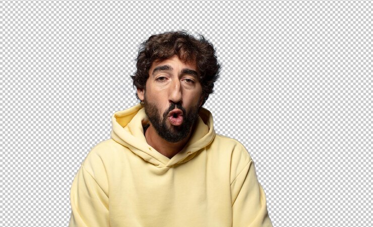 PSD gratuito presionando los labios junto con una linda expresión feliz y divertida enviando un beso