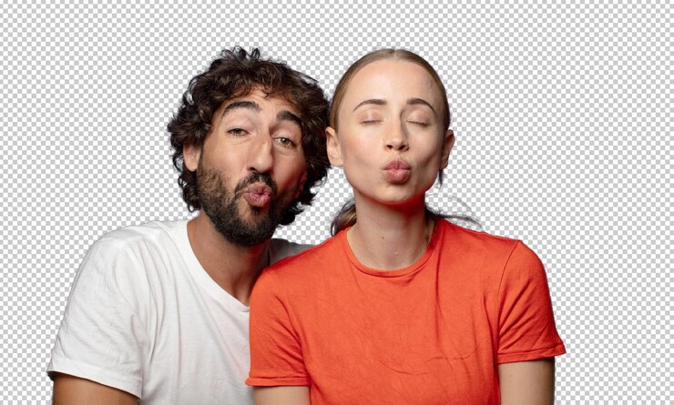 PSD gratuito presionando los labios junto con una linda expresión feliz y divertida enviando un beso