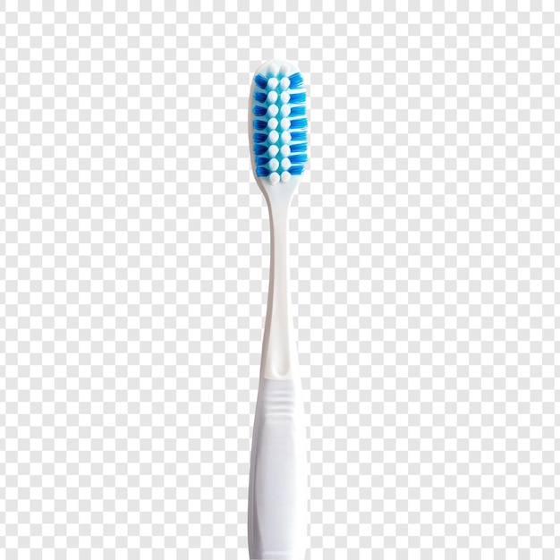 Primer plano de un solo cepillo de dientes blanco con cerdas azules aisladas en un fondo transparente