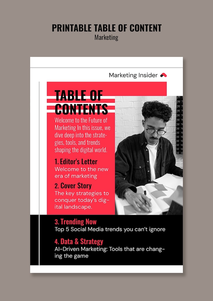 PSD gratuito printable marketing table of contents template