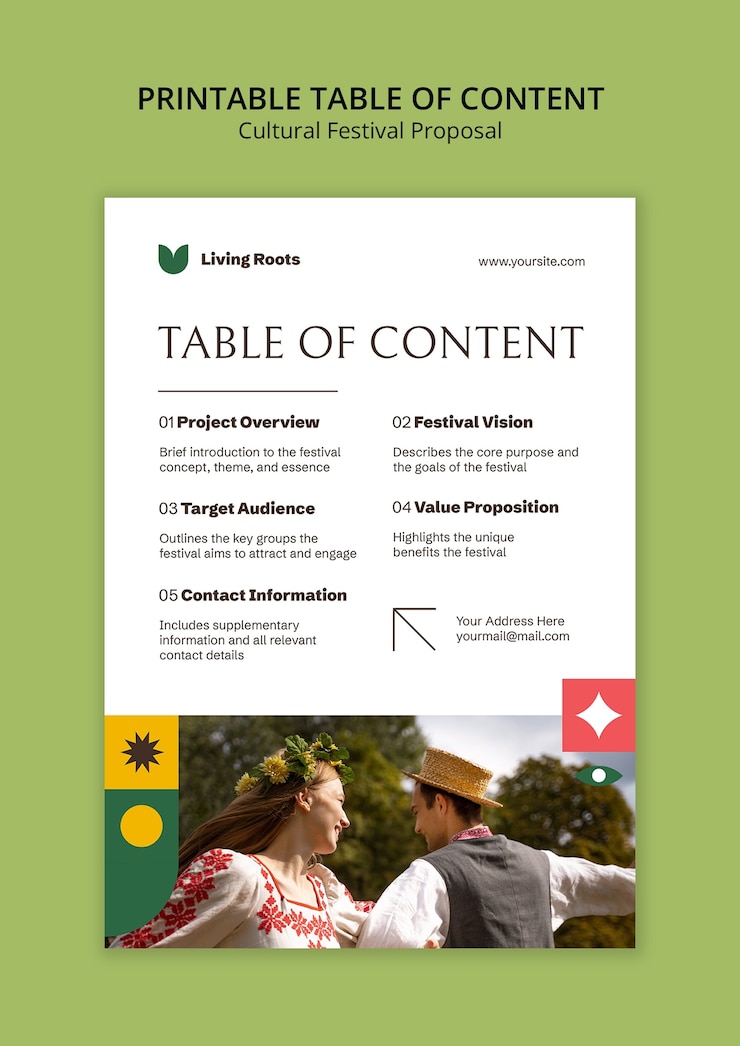 PSD gratuito printable table of content for a cultural festival proposal