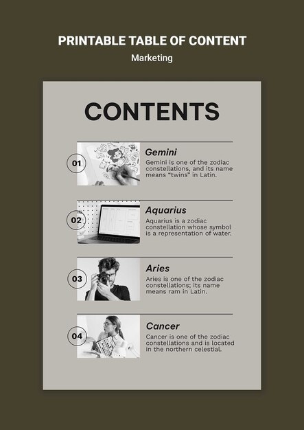 Printable table of content for marketing