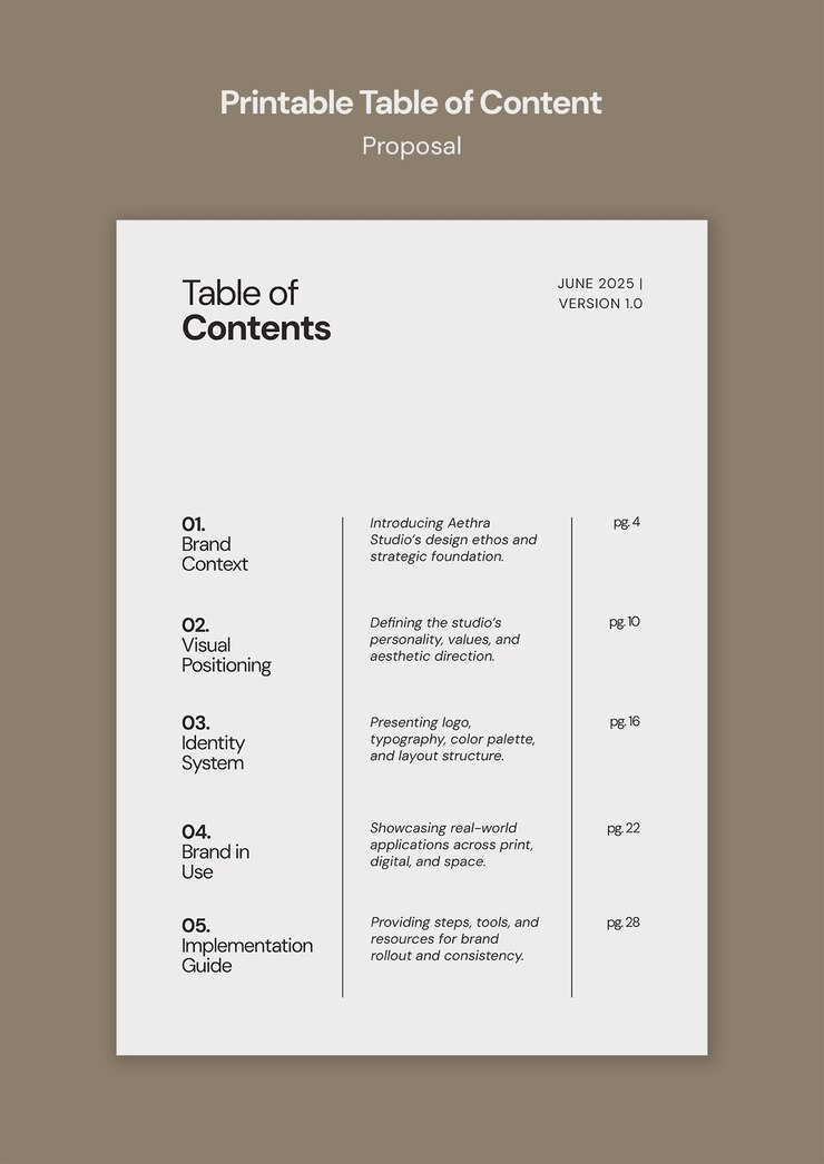 PSD gratuito printable table of contents for a branding proposal template