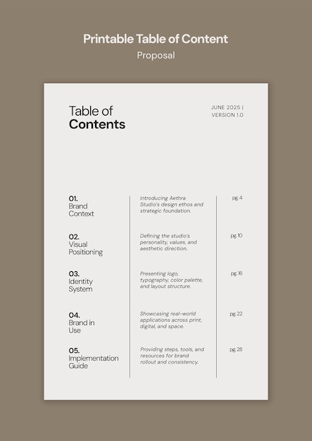 Printable table of contents for a branding proposal template
